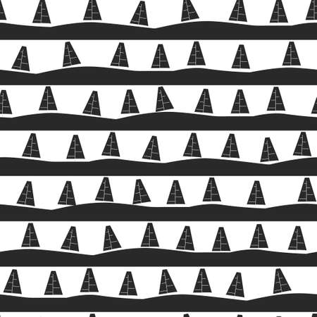 Seamless background in black-and-white style with spruce trees on the road. Vectorのイラスト素材