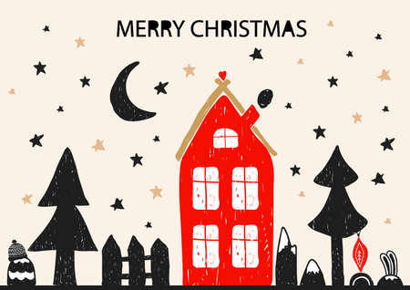 Christmas holiday card with hand drawn style. Vector illustrationのイラスト素材