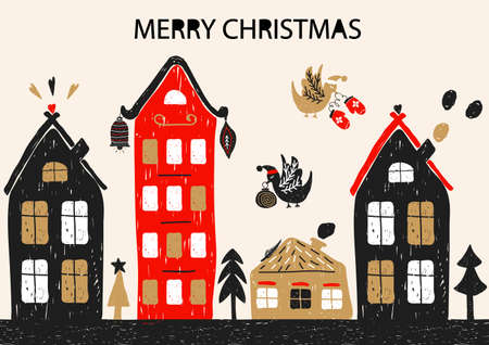 Christmas holiday card with hand drawn style. Vector illustrationのイラスト素材