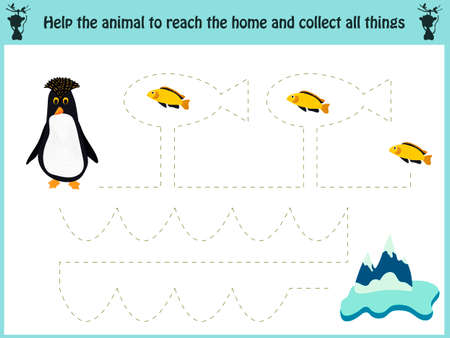 Maze game. Educational children cartoon game for children of preschool age. Help to find the way home to the Arctic penguin and feed him fish. Vector illustrationのイラスト素材