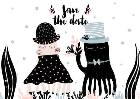 Invitation card to wedding with calligraphy lettering save the date in scandinavian style. Vector illustrationのイラスト素材