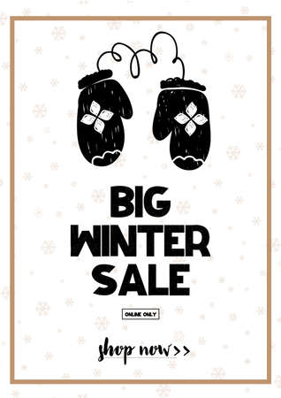 Big winter sale coupon with black calligraphy font. Vector illustration In candinavian style, colorful salling card, coupon, banner, poster, voucher, flyerのイラスト素材