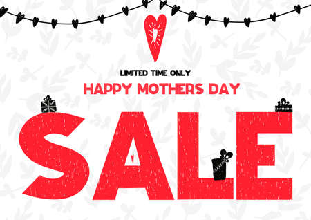 Limited time only Happy Mothers Day sale card. Vector illustration on white pattern backgroung with gifts and heart. Can be used as selling card, poster, banner, brochure, flyer, coupon, bulletinのイラスト素材