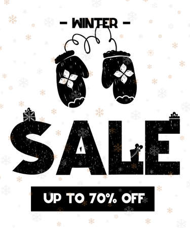 Big winter sale coupon with black calligraphy font. Vector illustration In candinavian style, colorful salling card, coupon, banner, poster, voucher, flyerのイラスト素材