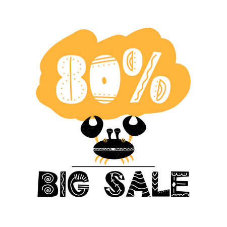 Advert card with lettering 80 big sale in scandinavian style. Vector illustration with happy crab isolated on white background. Can be used as card, poster, banner, coupon, brochure, flyerのイラスト素材