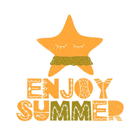Card with lettering enjoy summer wuth starfish. Vector illustration in scandianvian style isolated on white background. Can be used as card, banner, poster, brochure, t-shirt print, flyerのイラスト素材