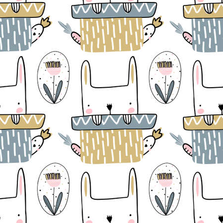 Easter seamless pattern with flowers bunny and parrot. Handwritten vector illustration.のイラスト素材