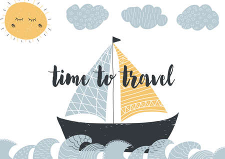 Cute illustration with a sea view and the sun in the style of hand drawn. The time of travel. Vector illustrationのイラスト素材