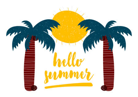 Vector illustration in Scandinavian style with calligraphy lettering hello summer with palms and sun isolated on white background.のイラスト素材