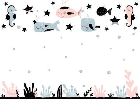 Card with empty space for lettering with underwater creatures, stars and sea bottom. Vector illustration in scandinavian style. Can be used as poster, banner, notebook, scrapbook paperのイラスト素材