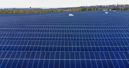 Renewable Energy and Sustainable Development. Photovoltaic Solar Panels. Grid of solar panels