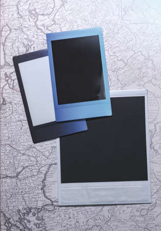 Blank photo frames on map background as template. Top View of photo frame on map, Memory of a trip...