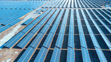 Aerial view : Blue Solar farm, solar panelsの写真素材