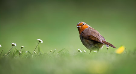 European Robin Erithacus rubecula. The orange-brown bird on a green grass on brightly dark green...