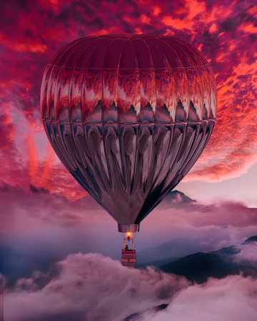 Beautiful hot air balloons over red sky in sunsetの写真素材