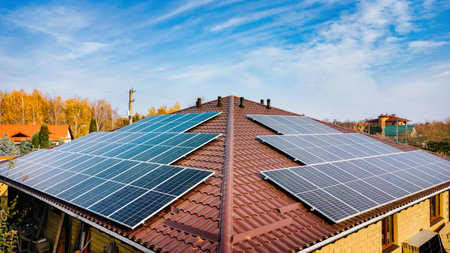 Close up of solar panels on roof home. The panels have the same beautiful blue color as the sky....