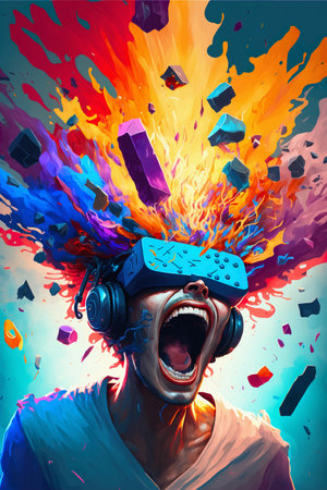 Man wearing 3d VR headset glasses looks up in abstract exploding of colors. Virtual reality or Augmented reality world simulation. Digital computer entertainment. Teens who game too much concept.の写真素材