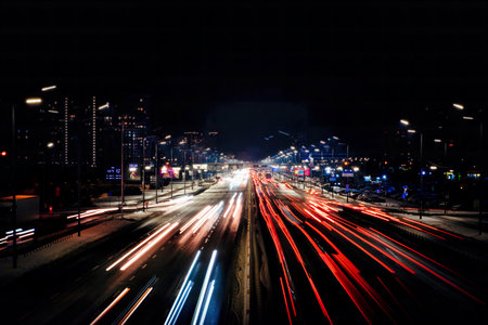 Night traffic jam at Kyiv. Photo Night traffic. lots of carlights red and whiteの写真素材
