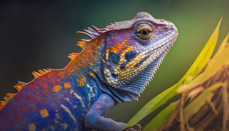 Colorful iguana. Iguana close-up macro portrait photo. Vivid bright colors skin.Posing for the camera, beautiful natural wildlifeの写真素材