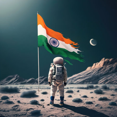 Astronaut on the Moon with the Indian Flagの写真素材