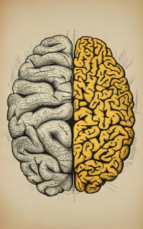 Vintage 1800s Brain Cutaway Posters - Detailed Medical Technical Drawings on Yellow Paperの写真素材