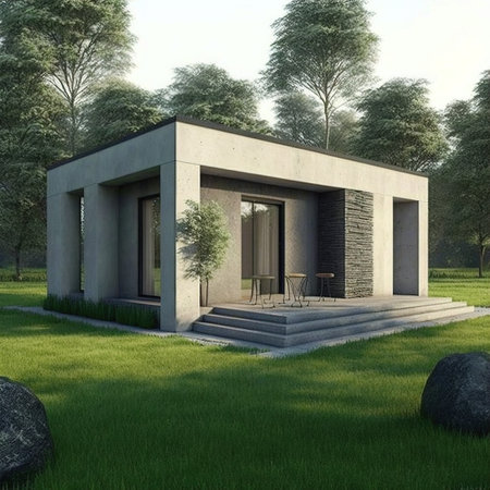 Charming Cottage Elevation with Cozy Garden and Stylish Concrete Rooftop- Perfect for Farmhouse Aesthetic Farmhouse Elevation Availableの写真素材