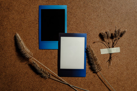Two blank cards on brown background with dry flowers downloadの写真素材