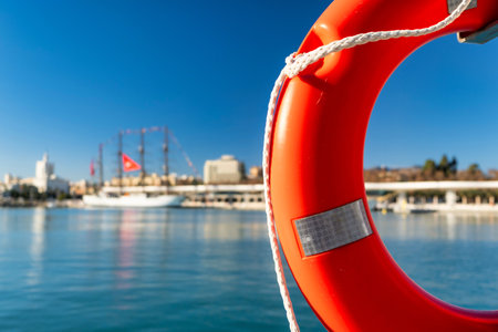 Vibrant orange lifebuoy dominates the foreground in a peaceful marina setting with docked boats, waterfront buildings, and clear blue sky downloadの写真素材