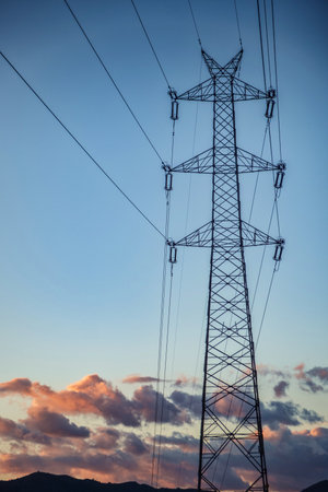 Electricity pylon also overhead line pylon. Construction forms windows.の写真素材