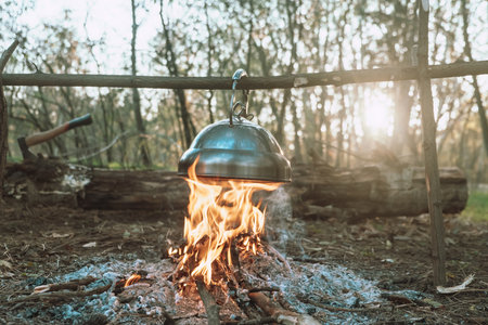 Kettle is heated on a bright bonfire. Wonderful evening atmospheric background of campfire. Travel in the forest.の写真素材