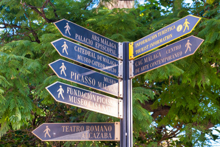 Multi-directional signpost in Malaga, Spain pointing to attractions including Malaga Cathedral,...