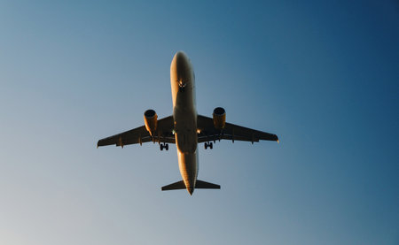 The image shows an airplane captured from a ground perspective, looking up towards the sky. The...