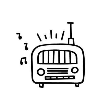 Illustration of doodle retro radio. Hand drawn cartoon doodle style. Simple brush strokes. Line retro radio graphic design for card, poster, postcard, sticker, tee shirt. Hand drawn vector illustration.のイラスト素材