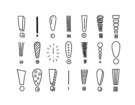 Set of hand drawn exclamation point. Doodle, sketch, cartoon style. Attention doodle icon of...