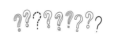 Set of handwritten question marks. Doodle, sketch style. Doodle pictures isolate on white. Vector...