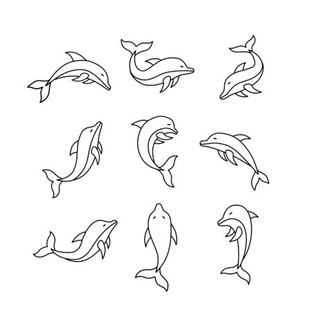 Set of dolhin line icon. Hand drawn vector illustration. Outline dolphin isolated on white background. Stylized logo. Vector illustration of a cute dolphin. Mammal animal mascot bottlenose pictogram.のイラスト素材