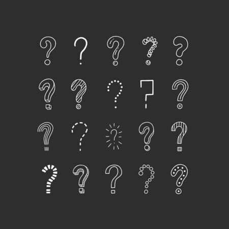 Set of handwritten question marks. Doodle, sketch style. Doodle pictures isolated. Vector illustration on black background. Symbols of problem, trouble, confusion Metaphor question and answerのイラスト素材