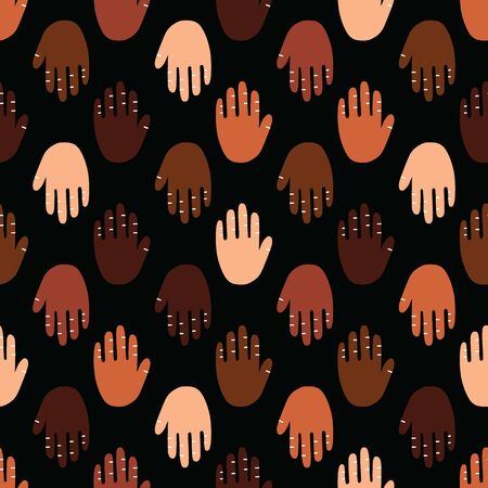 Seamless pattern of a people s hands with different skin color together. Symbol of race equality, diversity, tolerance. Human palm with different skin color tolerance and anti racism concept Vectorのイラスト素材