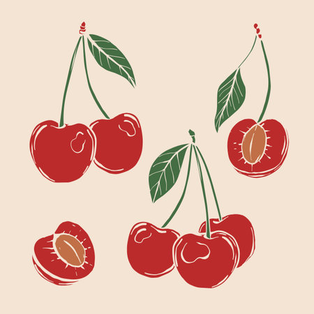 Red cherry. The effect of risograph printing. Design element for posters, postcards, greeting cards,...