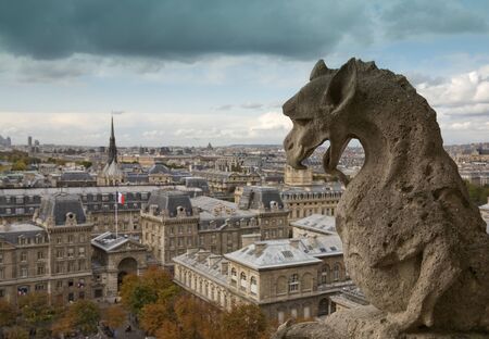 Stone gargoyle on top of Notre Dame Cathedral looking out to the city of Paris, Franceの写真素材