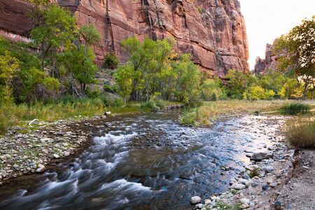 Virgin River with mountains in the background at Zion National Park, Utah, United Statesの写真素材
