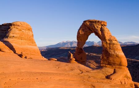 Famous Delicate Arch at sunset of Arches National Park in the Southern Utah desertの写真素材