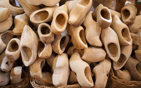 Handcrafted Dutch wooden shoes made at Kinderdijk in The Netherlandsの写真素材