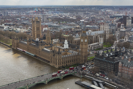 Bird's eye view of Big Ben, Houses of Parliament, and Westminster Abbey in London, England