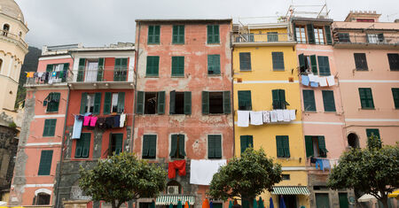 Colorful buildings with shutters in Vernazza in Cinque Terre, Italy.のeditorial素材