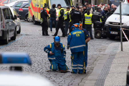 Suspected gas explosion injures dozens in central Prague  Powerful blast near National Theatre in centre of Prague leaves up to 40 people injured and building damaged のeditorial素材