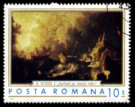 RUMANIA - CIRCA 1971: A stamp shows ancient seascape with a storm, circa 1971の写真素材