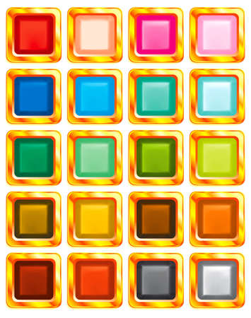 Set of 20 varicolored buttons in gold frames on white backgroundのイラスト素材