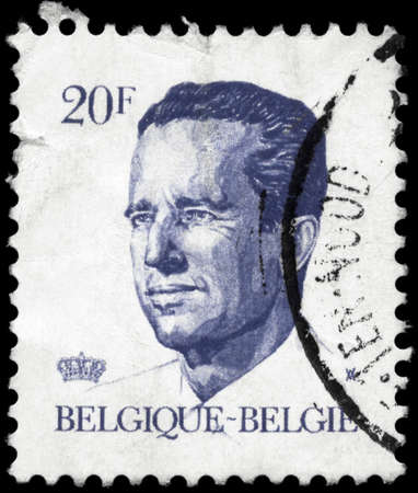 BELGIUM - CIRCA 1984: A Stamp printed in BELGIUM shows the portrait of a Baudouin I (1930-1993) reigned as King of the Belgians, series, circa 1984の写真素材