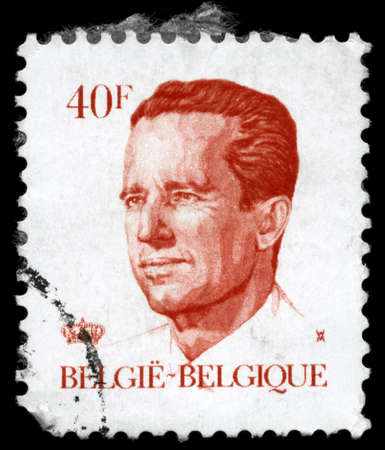 BELGIUM - CIRCA 1984: A Stamp printed in BELGIUM shows the portrait of a Baudouin I (1930-1993) reigned as King of the Belgians, series, circa 1984の写真素材